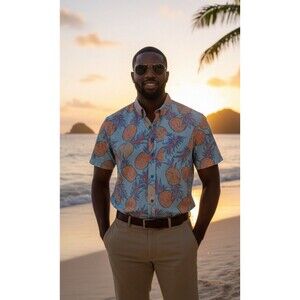 Tipsy Elves Shirt Mens Sz M Blue Hawaiian Button Down Pineapple Print Stretch